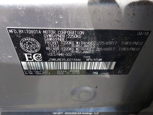 12613677 :رقم المزاد ، JTMRJREV5JD219446 vin ، 2018 Toyota Rav4 Hv Le Plus/xle مزاد بيع