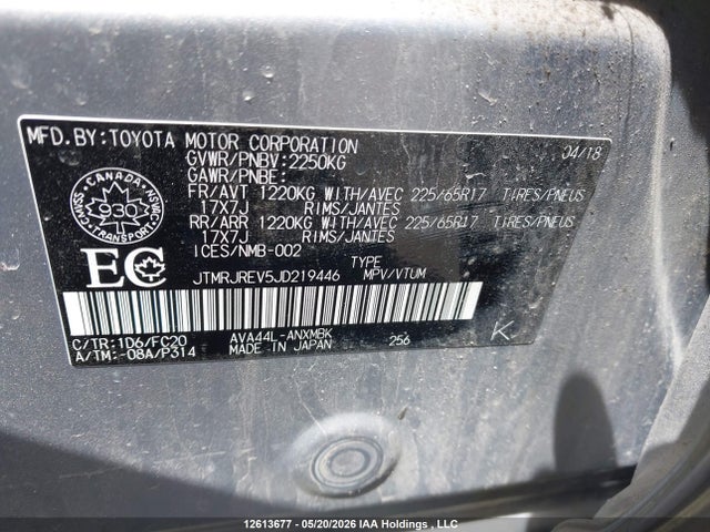 12613677 :رقم المزاد ، JTMRJREV5JD219446 vin ، 2018 Toyota Rav4 Hv Le Plus/xle مزاد بيع