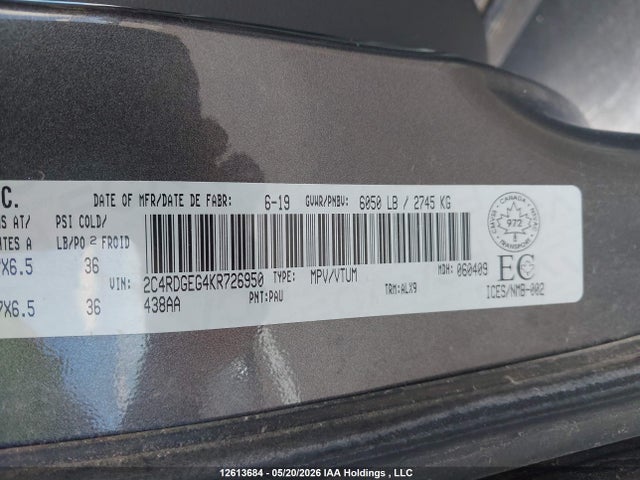 2019 Dodge Grand Caravan Gt მანქანა იყიდება აუქციონზე, vin: 2C4RDGEG4KR726950, აუქციონის ნომერი: 12613684