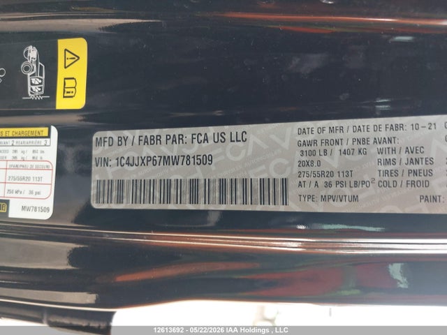 12613692 :رقم المزاد ، 1C4JJXP67MW781509 vin ، 2021 Jeep Wrangler 4xe مزاد بيع