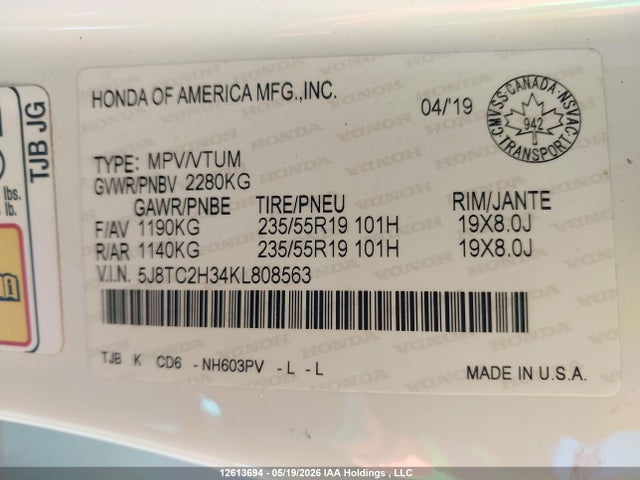 2019 Acura Rdx Tech მანქანა იყიდება აუქციონზე, vin: 5J8TC2H34KL808563, აუქციონის ნომერი: 12613694