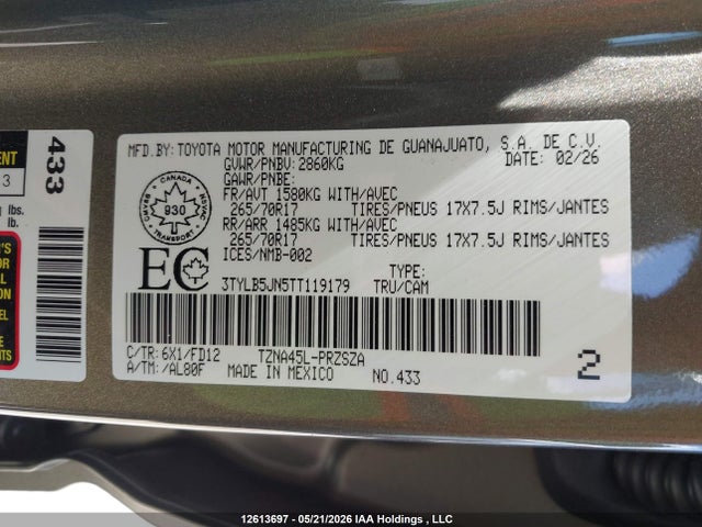 Aukcja sprzedaży 2026 Toyota Tacoma, vin: 3TYLB5JN5TT119179, numer aukcji: 12613697