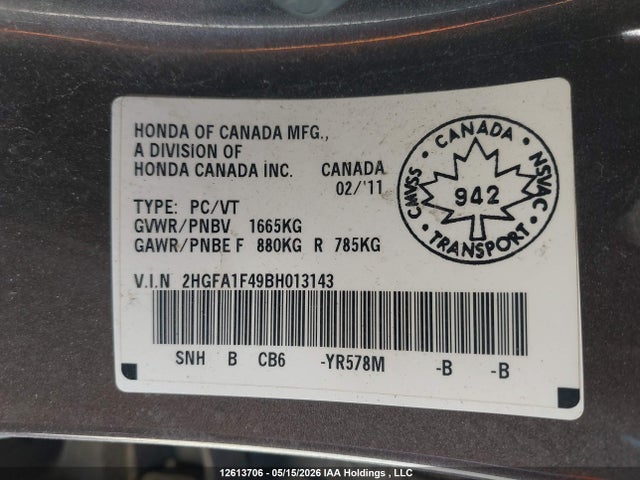 Aukcja sprzedaży 2011 Honda Civic Dx-g, vin: 2HGFA1F49BH013143, numer aukcji: 12613706