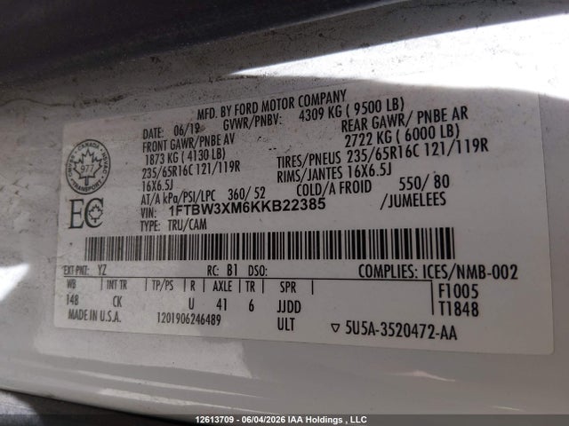 12613709 :رقم المزاد ، 1FTBW3XM6KKB22385 vin ، 2019 Ford Transit T-350 مزاد بيع