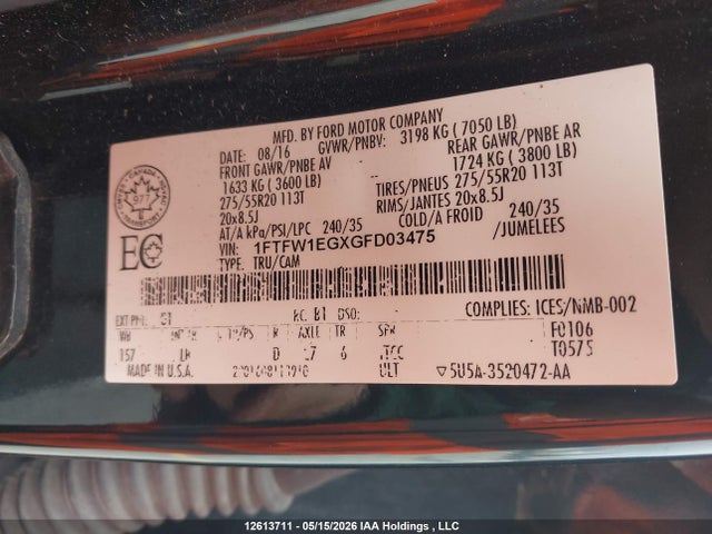 Ford F150 Supercrew 2016 1FTFW1EGXGFD03475 Image 9