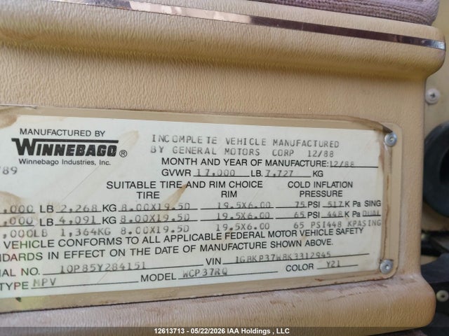 12613713 :رقم المزاد ، 1GBKP37W8K3312945 vin ، 1989 Chevrolet P30 مزاد بيع