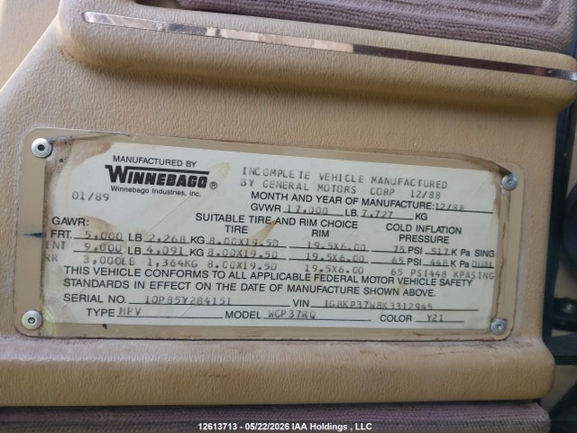 12613713 :رقم المزاد ، 1GBKP37W8K3312945 vin ، 1989 Chevrolet P30 مزاد بيع