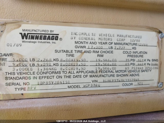 12613713 :رقم المزاد ، 1GBKP37W8K3312945 vin ، 1989 Chevrolet P30 مزاد بيع