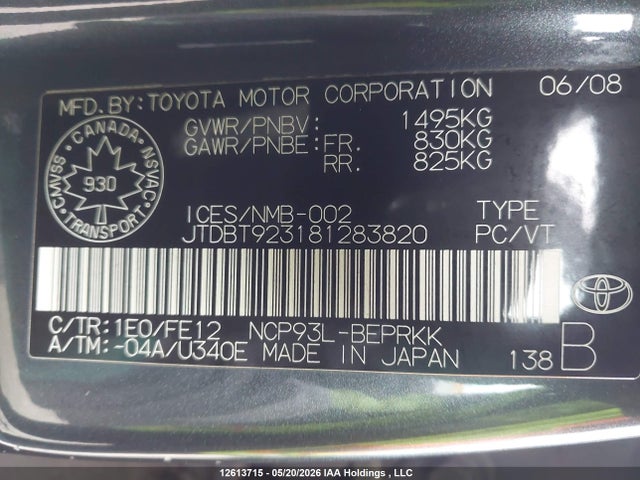 Aukcja sprzedaży 2008 Toyota Yaris, vin: JTDBT923181283820, numer aukcji: 12613715