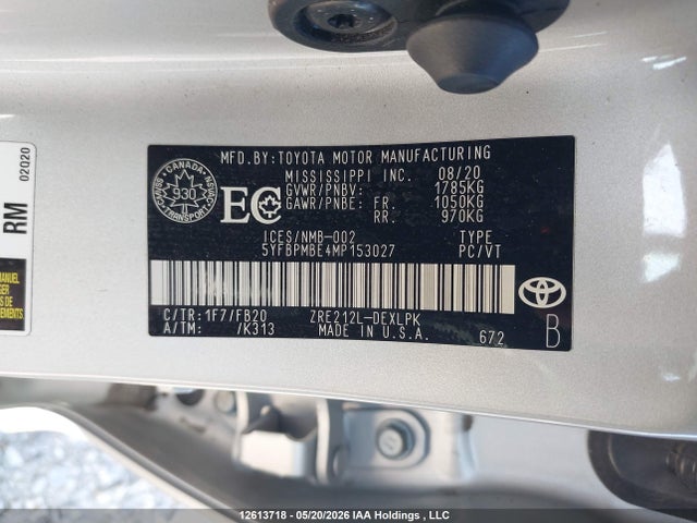 2021 Toyota Corolla Le მანქანა იყიდება აუქციონზე, vin: 5YFBPMBE4MP153027, აუქციონის ნომერი: 12613718