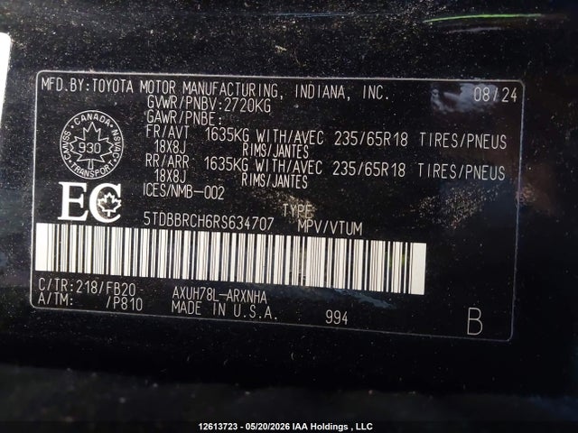 5TDBBRCH6RS634707 Toyota Highlander Hybrid Le