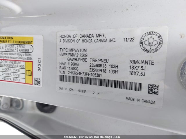 Продажа на аукционе авто 2023 Honda Cr-v Ex-l, vin: 2HKRS4H73PH105381, номер лота: 12613732