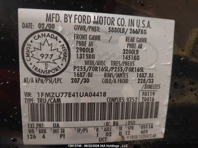 12613740 :رقم المزاد ، 1FMZU77E41UA04418 vin ، 2001 Ford Explorer Sport Trac مزاد بيع