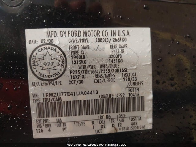12613740 :رقم المزاد ، 1FMZU77E41UA04418 vin ، 2001 Ford Explorer Sport Trac مزاد بيع