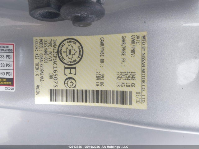 Aukcja sprzedaży 2010 Nissan Altima 2.5 S, vin: 1N4AL2EP5AC165075, numer aukcji: 12613755