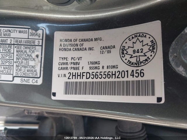 Продажа на аукционе авто 2006 Acura Csx Touring, vin: 2HHFD56556H201456, номер лота: 12613759