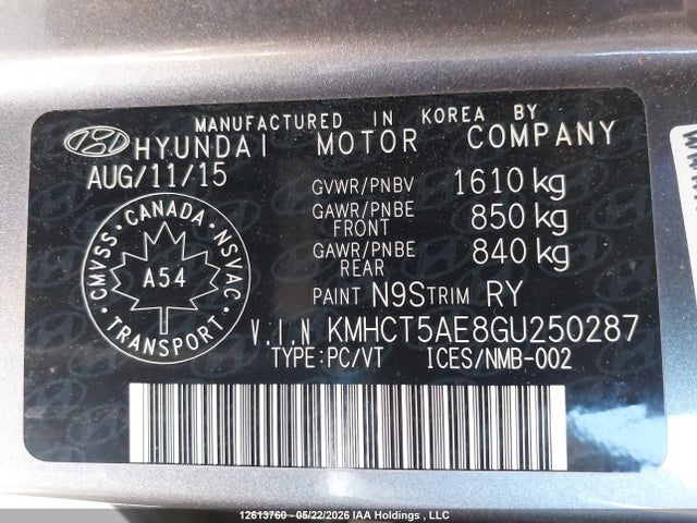 KMHCT5AE8GU250287 Hyundai ACCENT SE