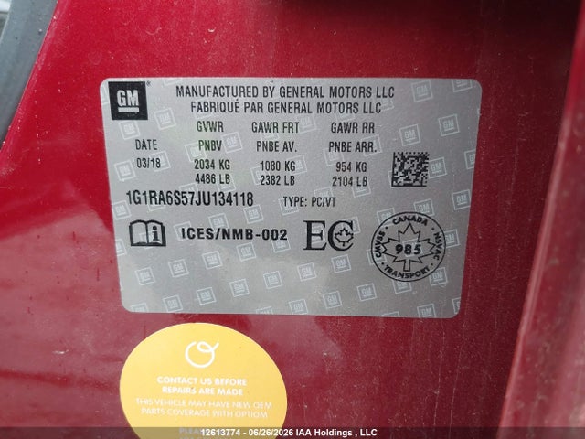 1G1RA6S57JU134118 Chevrolet VOLT LT