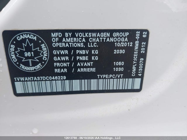 Продажа на аукционе авто 2013 Volkswagen Passat, vin: 1VWAH7A37DC046229, номер лота: 12613788