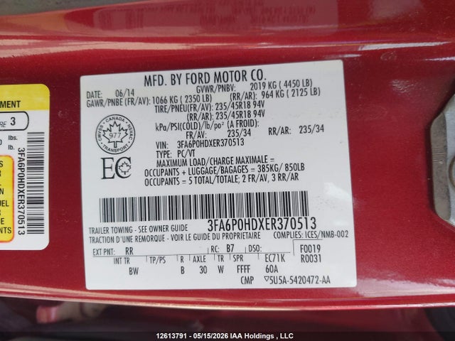 3FA6P0HDXER370513 Ford FUSION SE
