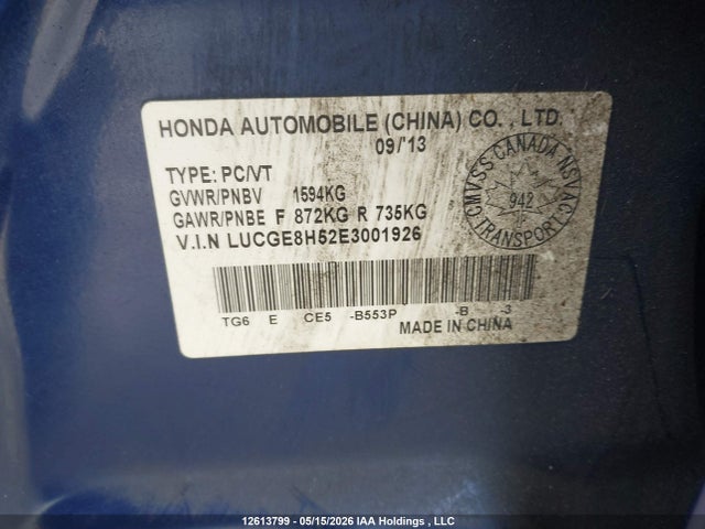 2014 Honda Fit Lx მანქანა იყიდება აუქციონზე, vin: LUCGE8H52E3001926, აუქციონის ნომერი: 12613799