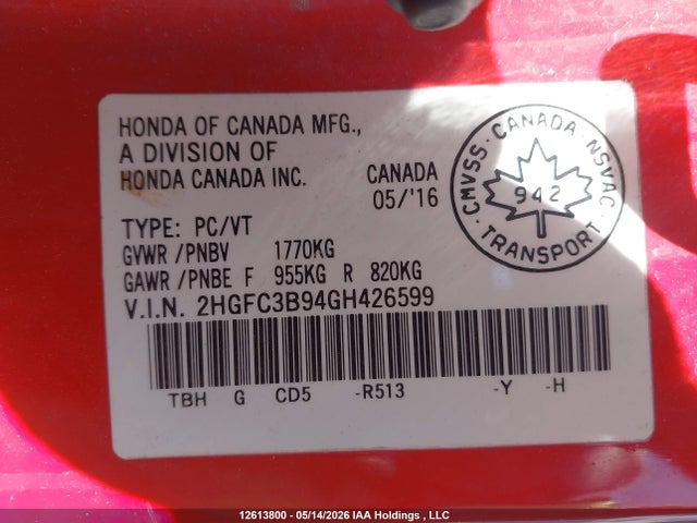 12613800 :رقم المزاد ، 2HGFC3B94GH426599 vin ، 2016 Honda Civic Touring مزاد بيع