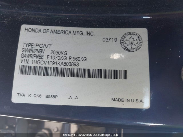 Продажа на аукционе авто 2019 Honda Accord Touring, vin: 1HGCV1F91KA803893, номер лота: 12613811
