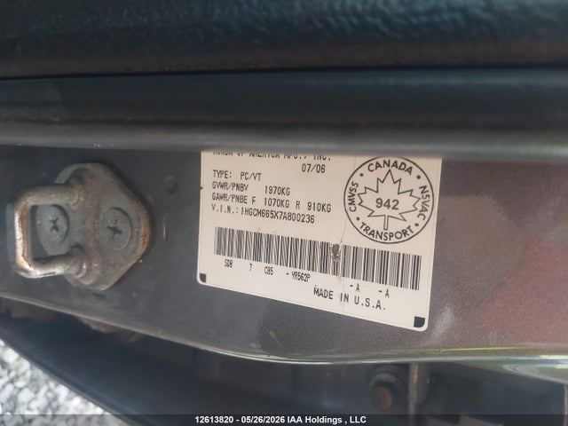 12613820 :رقم المزاد ، 1HGCM665X7A800236 vin ، 2007 Honda Accord Ex V6 مزاد بيع