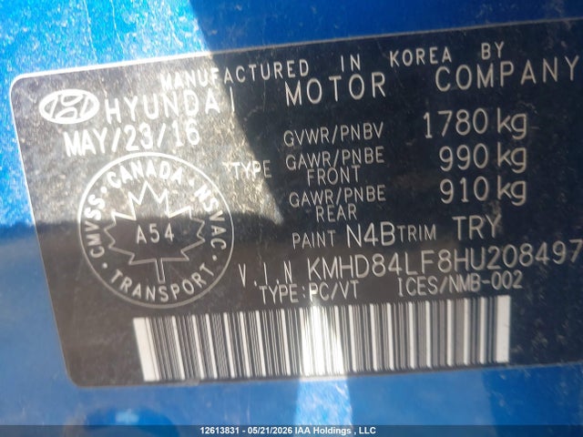 12613831 :رقم المزاد ، KMHD84LF8HU208497 vin ، 2017 Hyundai Elantra Gl مزاد بيع