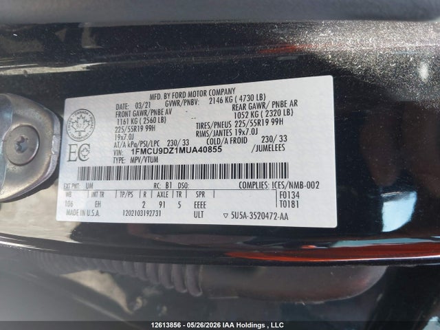 1FMCU9DZ1MUA40855 Ford Escape Titanium