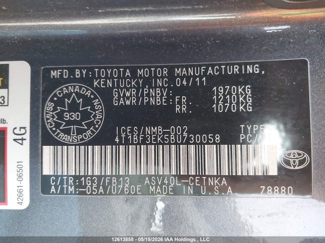 Aukcja sprzedaży 2011 Toyota Camry Se/le/xle, vin: 4T1BF3EK5BU730058, numer aukcji: 12613858