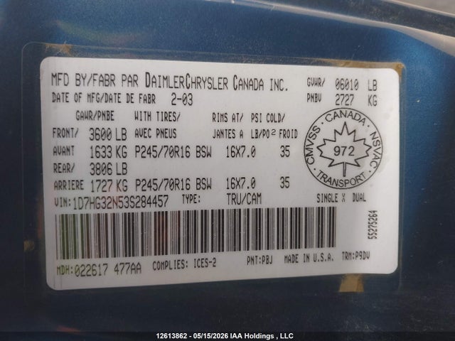 Aukcja sprzedaży 2003 Dodge Dakota Sport, vin: 1D7HG32N53S284457, numer aukcji: 12613862
