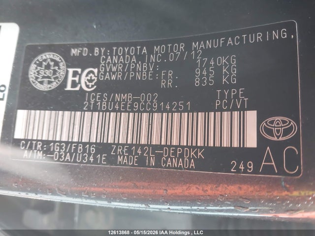 Aukcja sprzedaży 2012 Toyota Corolla S/le, vin: 2T1BU4EE9CC914251, numer aukcji: 12613868
