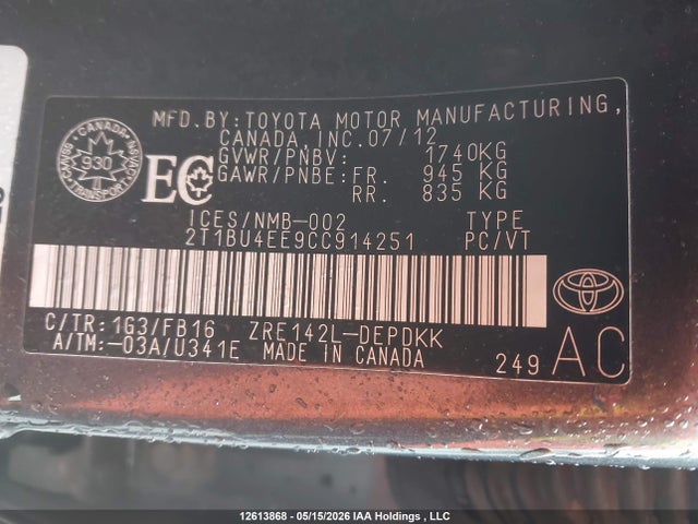 Aukcja sprzedaży 2012 Toyota Corolla S/le, vin: 2T1BU4EE9CC914251, numer aukcji: 12613868