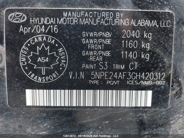 Auction sale of the 2016 Hyundai Sonata Gls, vin: 5NPE24AF3GH420312, lot number: 12613872