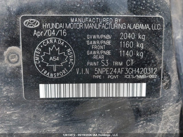 Auction sale of the 2016 Hyundai Sonata Gls, vin: 5NPE24AF3GH420312, lot number: 12613872
