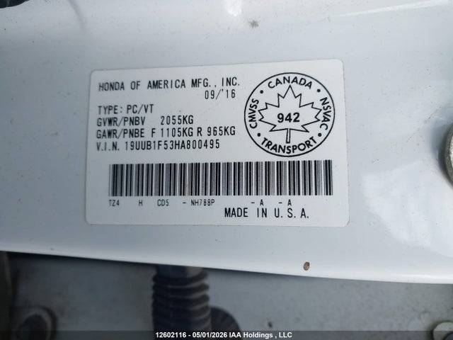 12602116 :رقم المزاد ، 19UUB1F53HA800495 vin ، 2017 Acura Tlx Tech مزاد بيع