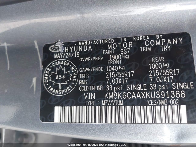 KM8K6CAAXKU391388 Hyundai Kona 2.0l Luxury