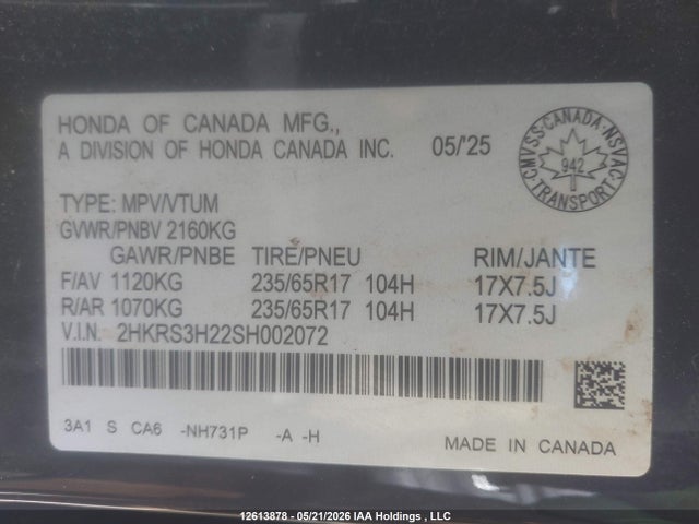 Aukcja sprzedaży 2025 Honda Cr-v Lx 2wd, vin: 2HKRS3H22SH002072, numer aukcji: 12613878