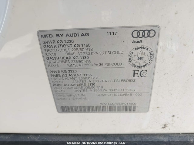 12613882 :رقم المزاد ، WA1ECCFS6JR017500 vin ، 2018 Audi Q3 Premium مزاد بيع