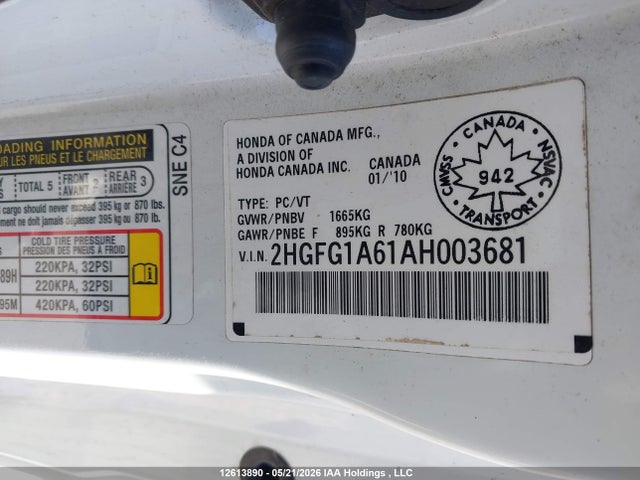 2010 Honda Civic Lx მანქანა იყიდება აუქციონზე, vin: 2HGFG1A61AH003681, აუქციონის ნომერი: 12613890