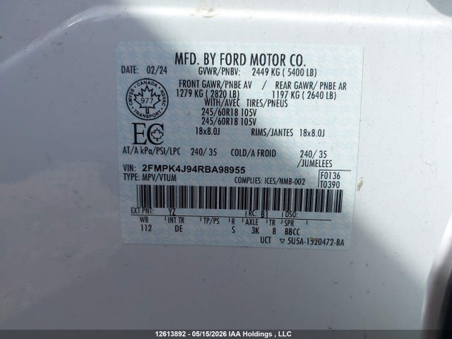 Aukcja sprzedaży 2024 Ford Edge Sel, vin: 2FMPK4J94RBA98955, numer aukcji: 12613892