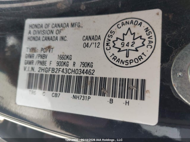 Aukcja sprzedaży 2012 Honda Civic Lx, vin: 2HGFB2F43CH034462, numer aukcji: 12613900