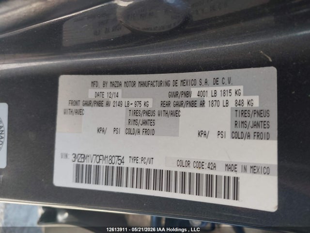 3MZBM1V70FM180754 Mazda Mazda3 Gs