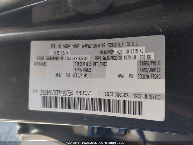 3MZBM1V70FM180754 Mazda Mazda3 Gs