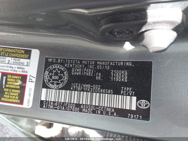 2012 Toyota Camry Le მანქანა იყიდება აუქციონზე, vin: 4T1BF1FK2CU586585, აუქციონის ნომერი: 12613912