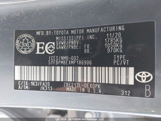 12613916 :رقم المزاد ، 5YFBPMBEXMP186906 vin ، 2021 Toyota Corolla Le مزاد بيع