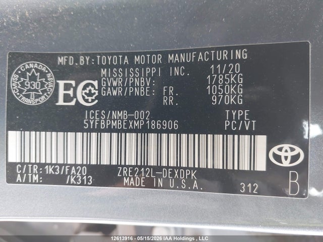 12613916 :رقم المزاد ، 5YFBPMBEXMP186906 vin ، 2021 Toyota Corolla Le مزاد بيع