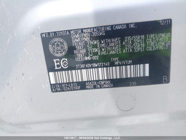 12613917 :رقم المزاد ، 2T3RF4DV1BW172149 vin ، 2011 Toyota Rav4 مزاد بيع