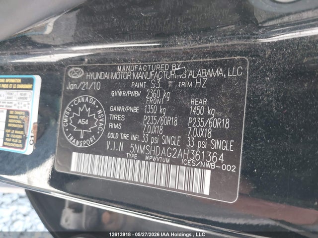 2010 Hyundai Santa Fe Limited 3.5 მანქანა იყიდება აუქციონზე, vin: 5NMSHDAG2AH361364, აუქციონის ნომერი: 12613918